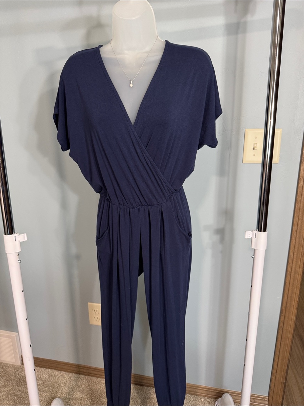 Loveappella Navy Wrap-Front Jumpsuit with Pockets